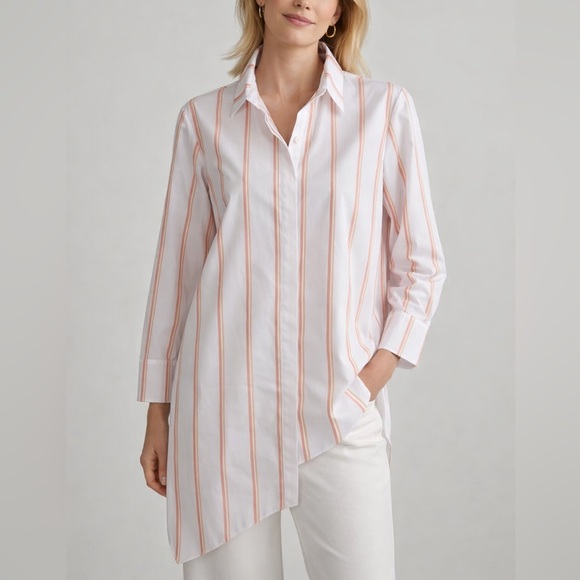 Lafayette 148 New York Tops - Lafayette 148 White Peach Striped Button Up Shirt Asymmetrical Hem Size M